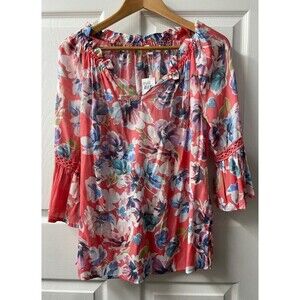 Spease Top Womens Small Petite Pink Blue Floral Boho Peasant Blouse NWT